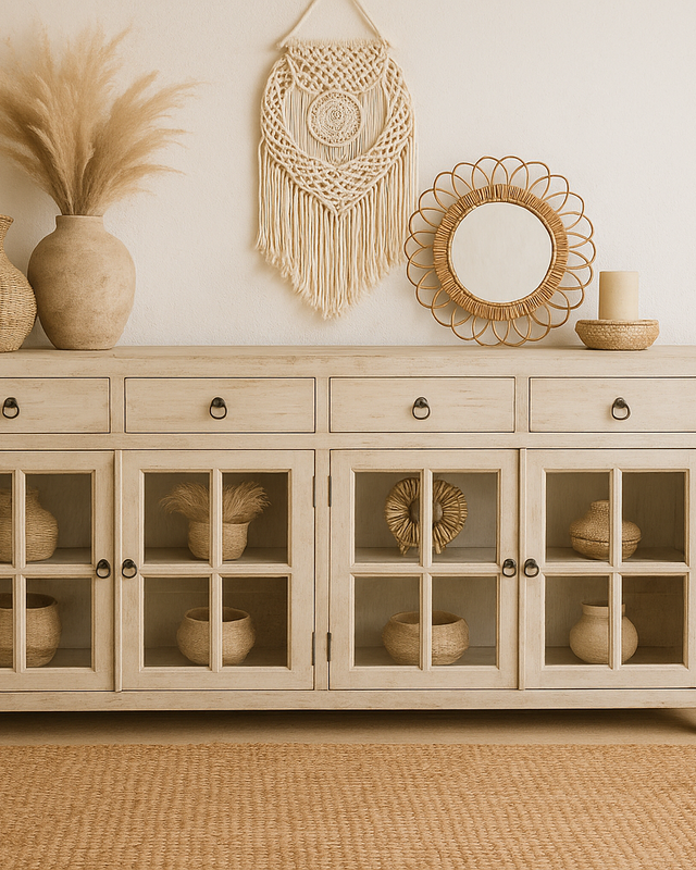 Rene Houtman Dressoir 180x92x45 Cm Wit Oud Hout/Glas 4-Deurs 4-Lades