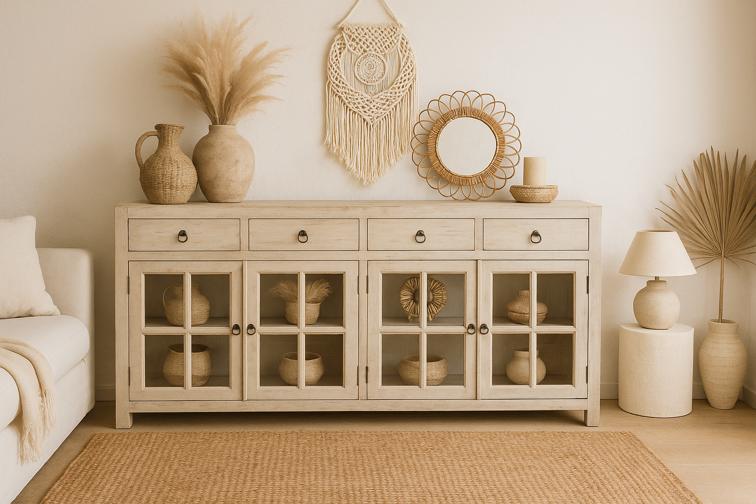 Rene Houtman Dressoir 180x92x45 Cm Wit Oud Hout/Glas 4-Deurs 4-Lades