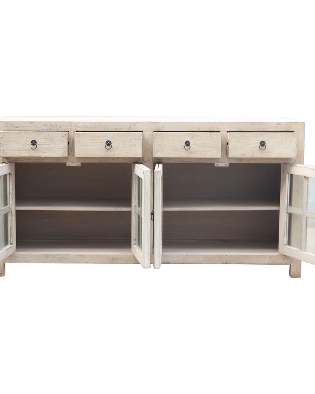 Rene Houtman Dressoir 180x92x45 Cm Wit Oud Hout/Glas 4-Deurs 4-Lades