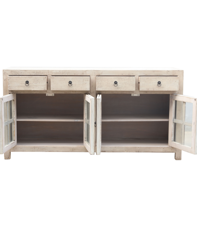 Rene Houtman Dressoir 180x92x45 Cm Wit Oud Hout/Glas 4-Deurs 4-Lades