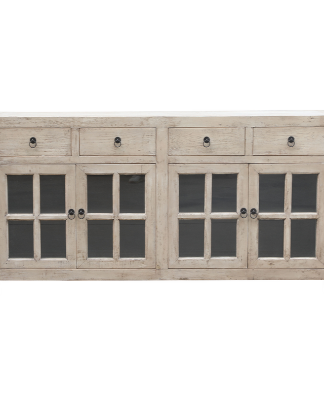 Rene Houtman Dressoir 180x92x45 Cm Wit Oud Hout/Glas 4-Deurs 4-Lades