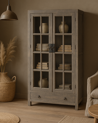 Rene Houtman Kast hout/glas grijs 2 deurs 2 lade 95x45x210