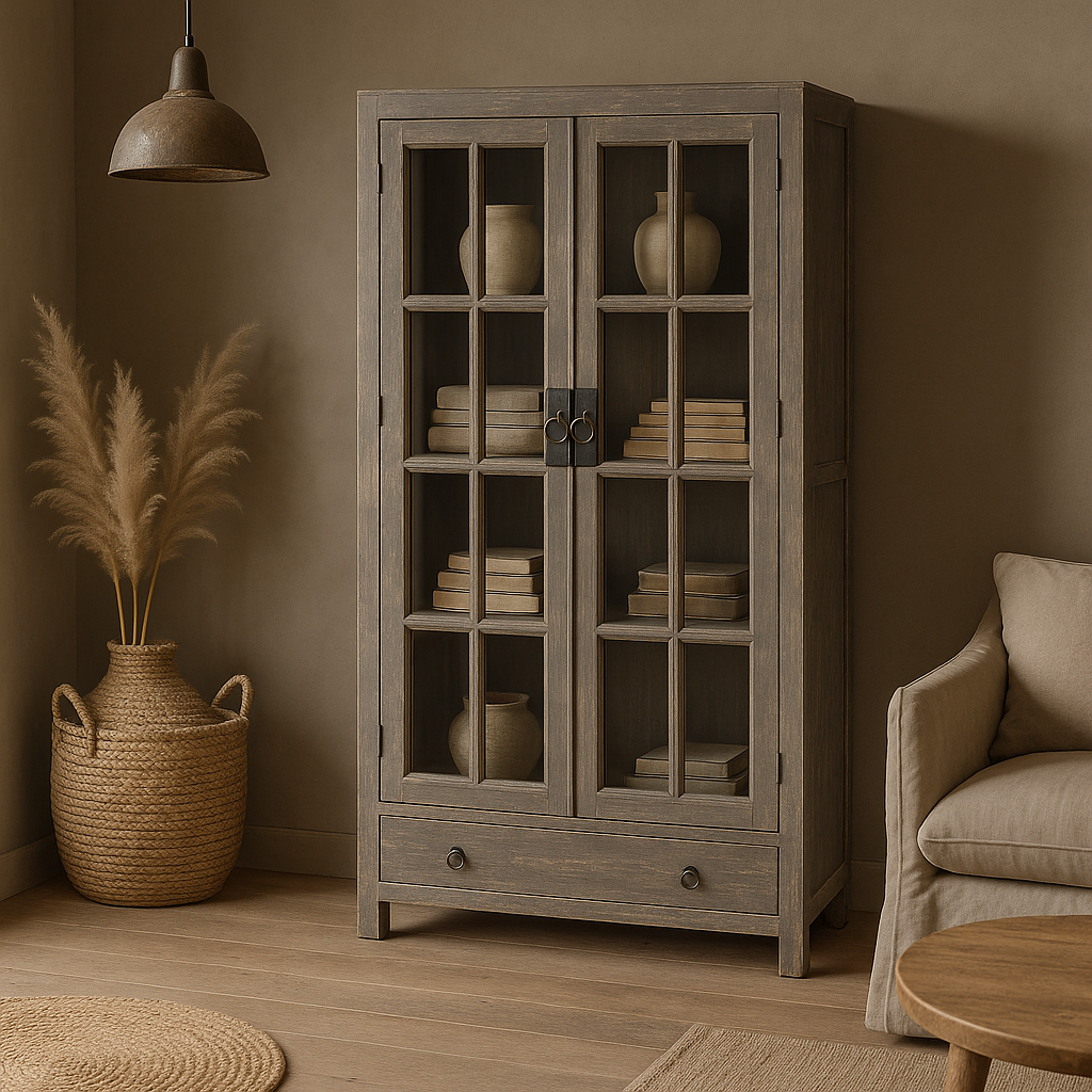 Rene Houtman Kast hout/glas grijs 2 deurs 2 lade 95x45x210