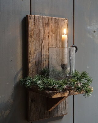 Rene Houtman Wand Kaarshouder Larix Hout Set - Console + Windlicht + Kaarshouder + Kransje