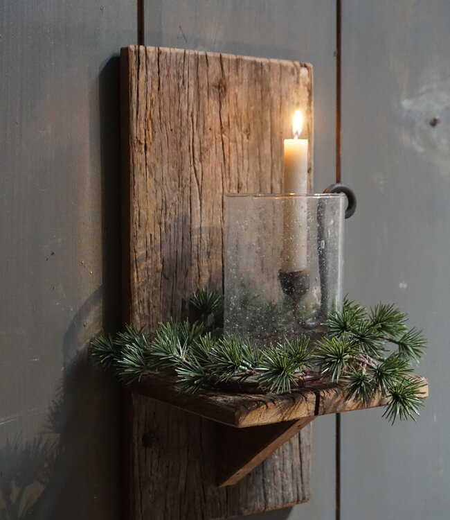 Rene Houtman Wand Kaarshouder Larix Hout Set - Console + Windlicht + Kaarshouder + Kransje