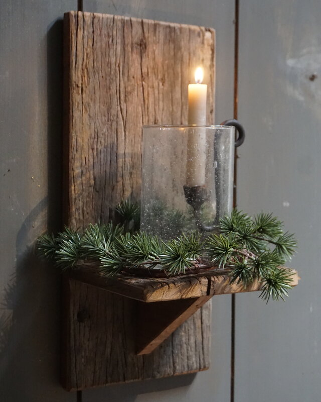 Rene Houtman Wand Kaarshouder Larix Hout Set - Console + Windlicht + Kaarshouder + Kransje