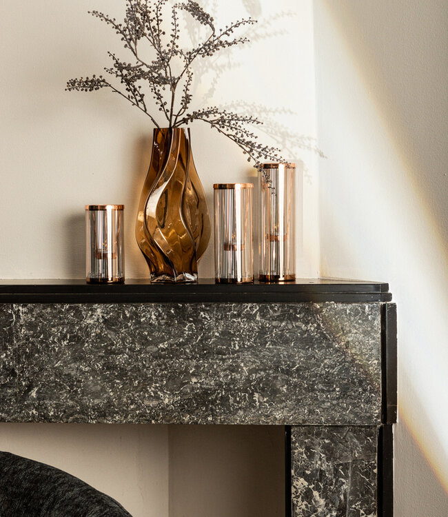 PTMD Ella Koperen Glazen Gestreepte Waxinelichthouder L