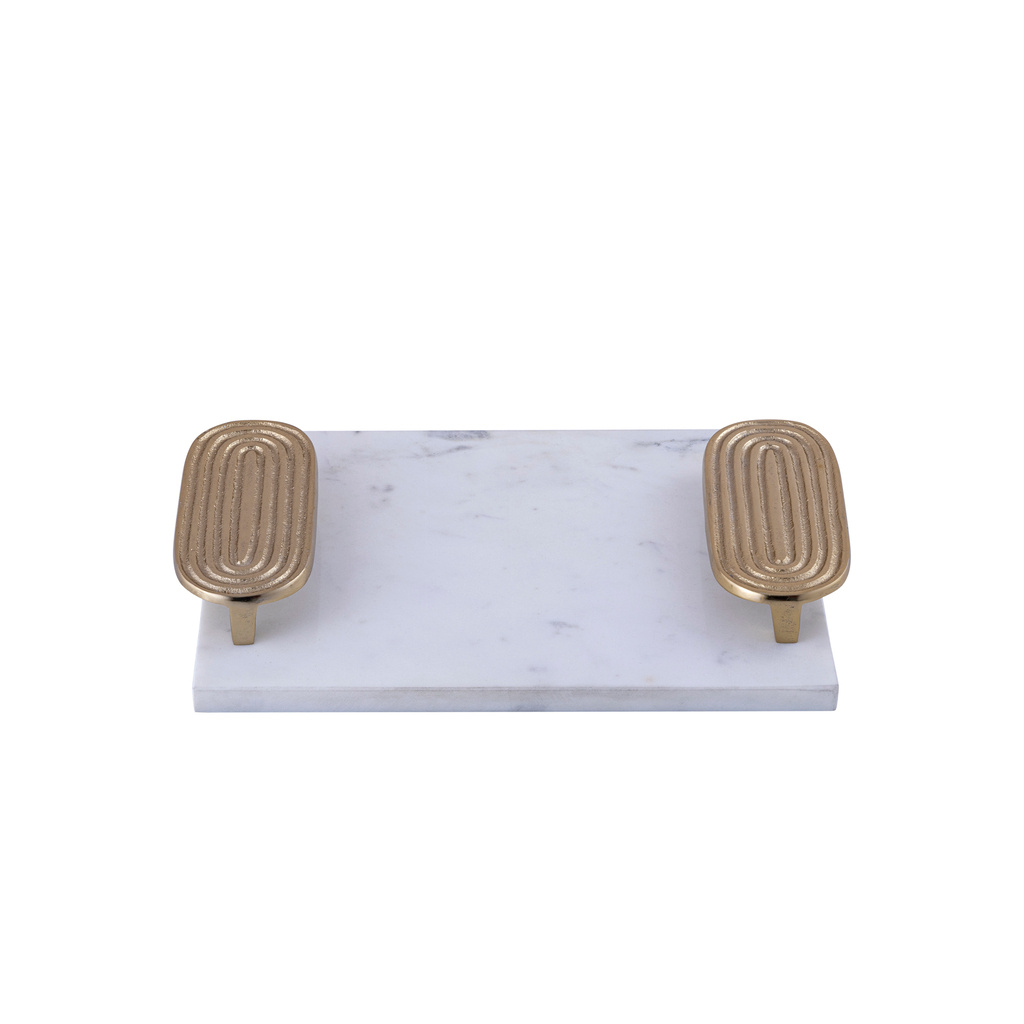 PTMD Wit Marmeren Dienblad | Gouden Handvaten | H5 x B30 x D23 cm