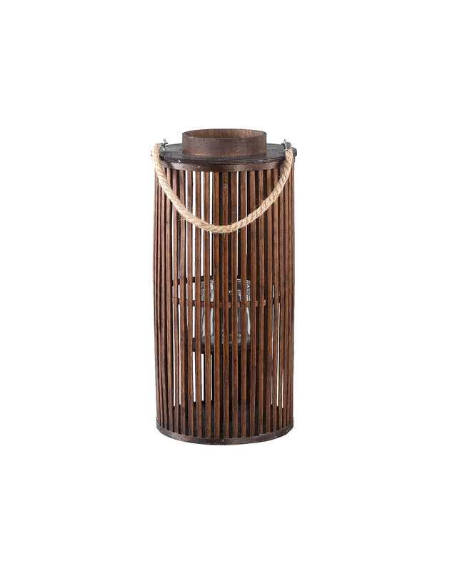 PTMD Zafria Bruine Ronde Bamboe Lantaarn Met Glas S