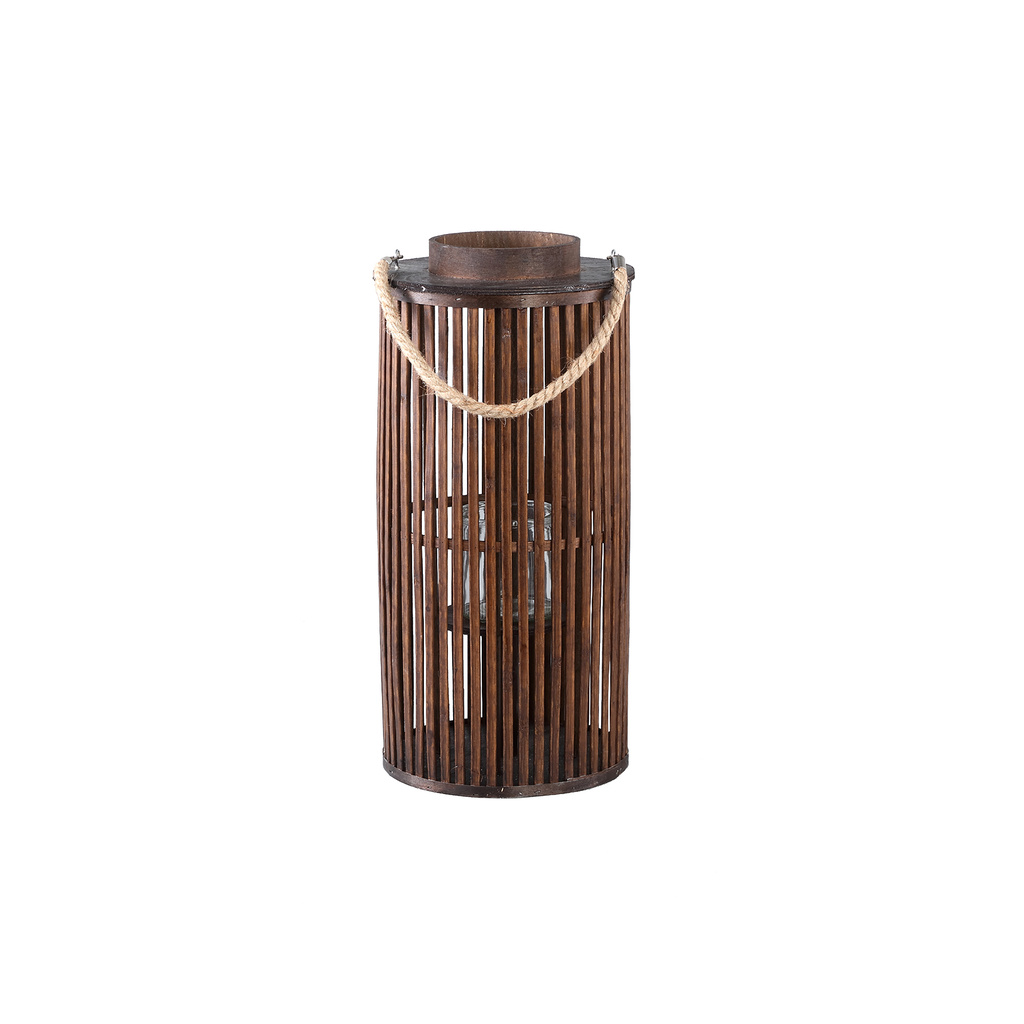 PTMD Zafria Bruine Ronde Bamboe Lantaarn Met Glas S