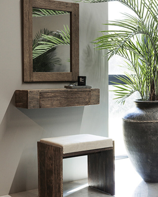 Be-Uniq Houten Kruk Lea | Met Linnen Zitkussen | Oud Hout