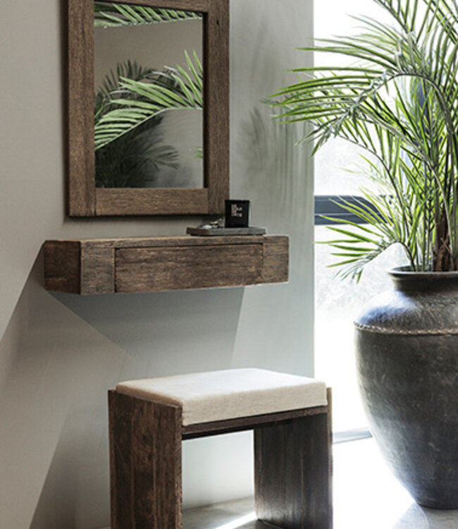 Be-Uniq Houten Kruk Lea | Met Linnen Zitkussen | Oud Hout