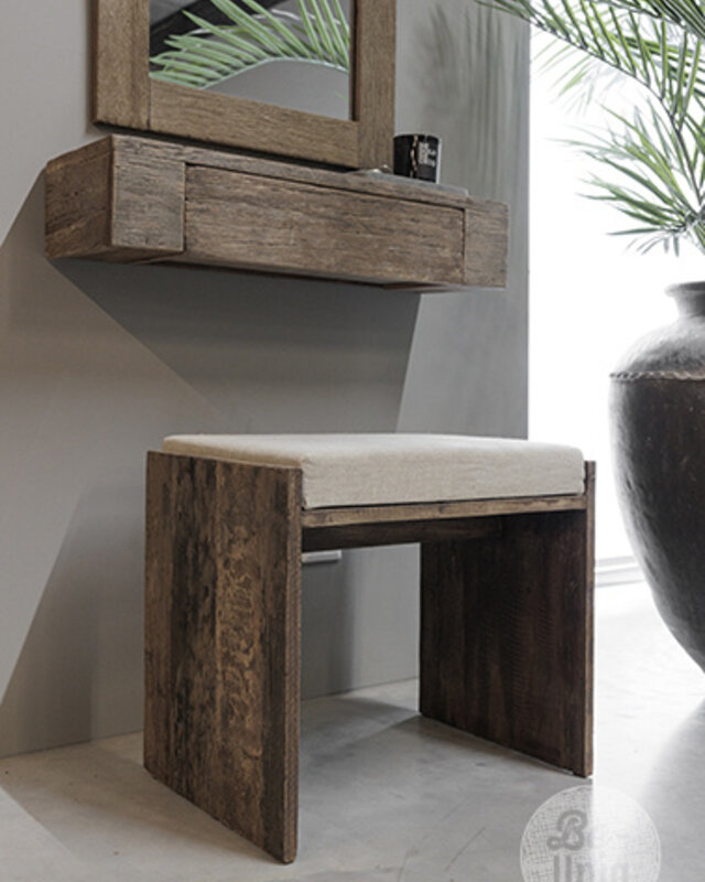 Be-Uniq Houten Kruk Lea | Met Linnen Zitkussen | Oud Hout