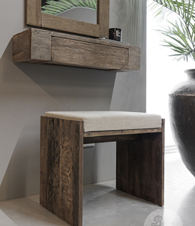 Be-Uniq Houten Kruk Lea | Met Linnen Zitkussen | Oud Hout