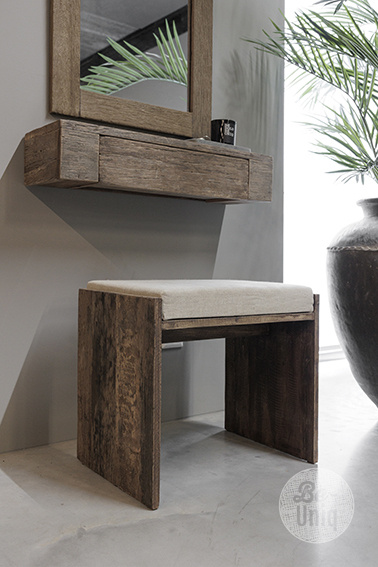 Be-Uniq Houten Kruk Lea | Met Linnen Zitkussen | Oud Hout