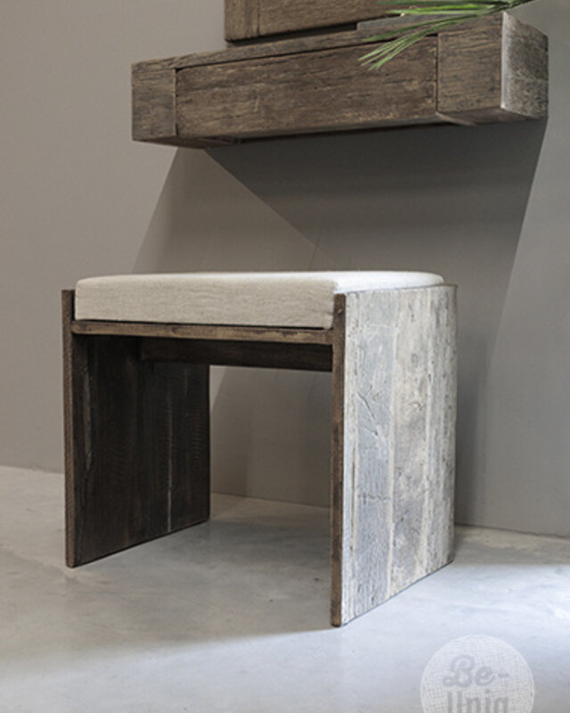 Be-Uniq Houten Kruk Lea | Met Linnen Zitkussen | Oud Hout