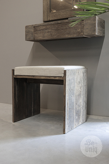 Be-Uniq Houten Kruk Lea | Met Linnen Zitkussen | Oud Hout