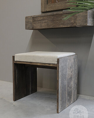 Be-Uniq Houten Kruk Lea | Met Linnen Zitkussen | Oud Hout