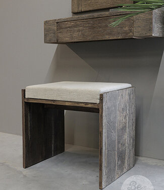 Be-Uniq Houten Kruk Lea | Met Linnen Zitkussen | Oud Hout
