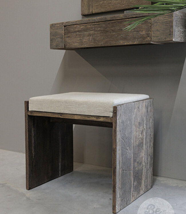 Be-Uniq Houten Kruk Lea | Met Linnen Zitkussen | Oud Hout