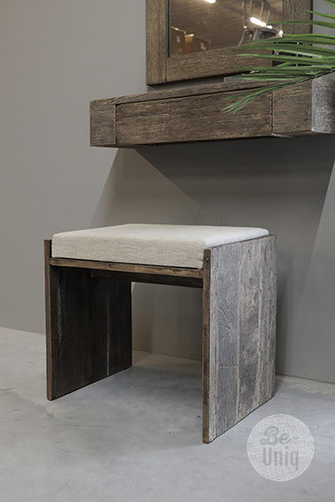 Be-Uniq Houten Kruk Lea | Met Linnen Zitkussen | Oud Hout
