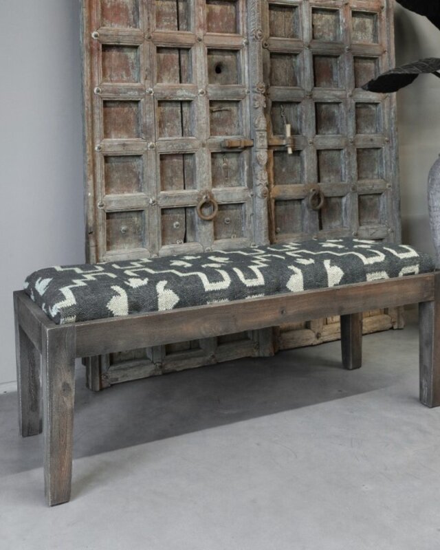 Be-Uniq Bankje Rustiek | Kelim Antraciet | H50xB120xD45 cm