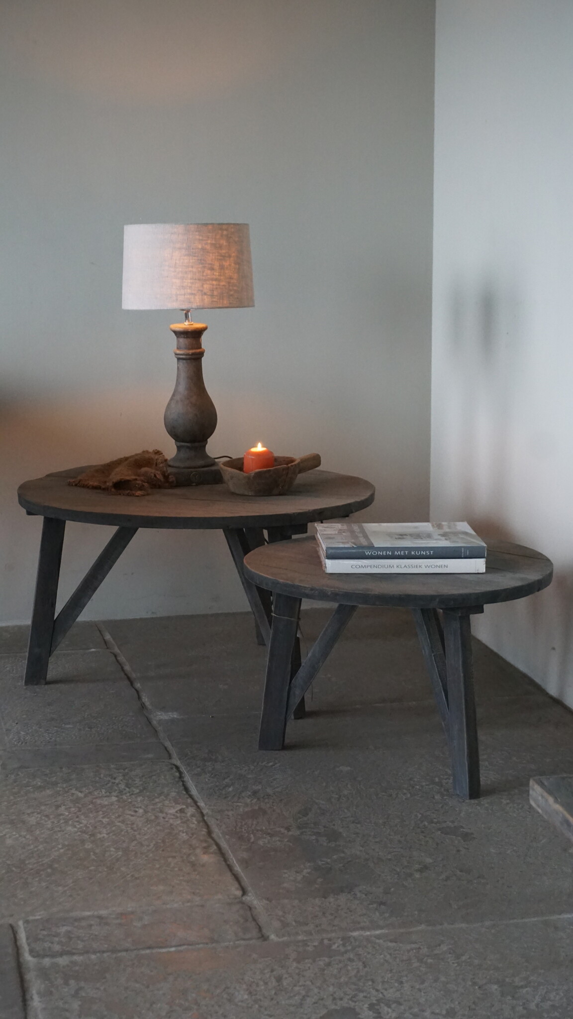 Rene Houtman Bijzettafel Salontafel Set Van 2 | Rond | Vergrijsd Teak