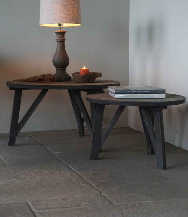 Rene Houtman Bijzettafel Salontafel Set Van 2 | Rond | Vergrijsd Teak