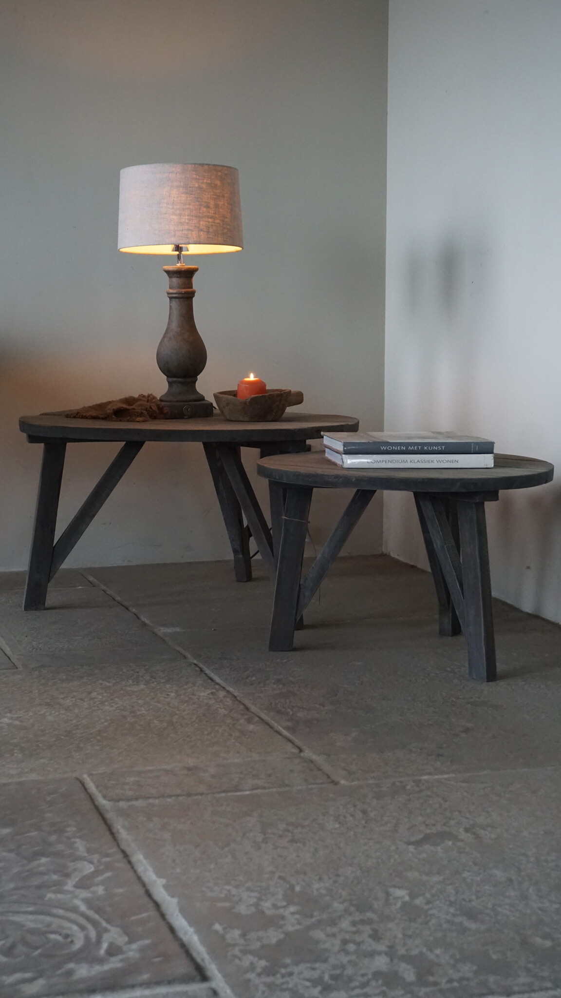 Rene Houtman Bijzettafel Salontafel Set Van 2 | Rond | Vergrijsd Teak