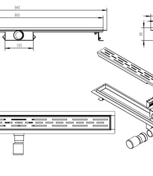 Wiesbaden Douchegoot Met Flens & Rooster | Geborsteld Messing | 90 x 7 cm
