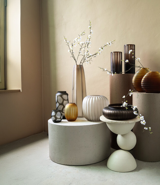 PTMD Levente Zandgeblazen Glazen Ronde Vaas Geribbeld Laag