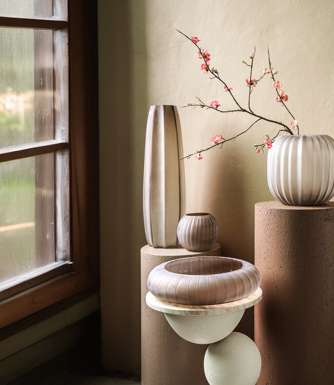 PTMD Levente Zandgeblazen Glazen Ronde Vaas Geribbeld Laag