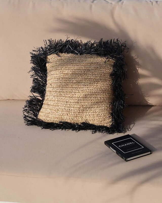 Bazar Bizar De Raffia Kussenhoes Vierkant - Natuurlijk Zwart - 40x40
