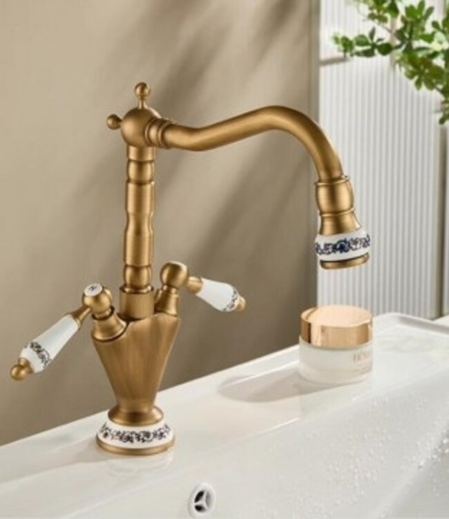 Rene Houtman Landelijke wastafelmengkraan | Bronskleurig Met Keramieke Details