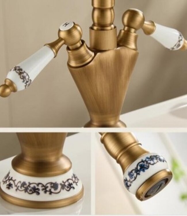 Rene Houtman Landelijke wastafelmengkraan | Bronskleurig Met Keramieke Details