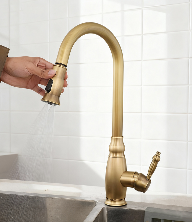 Rene Houtman Landelijke Mengkraan | Antiek Brons Met Uittrekbare Sproeikop