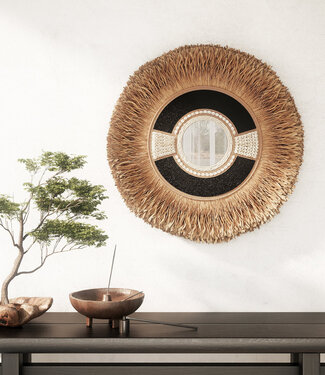 Mojo Boutique Unieke grote ronde spiegel met gras, schelpen en zwarte kralen