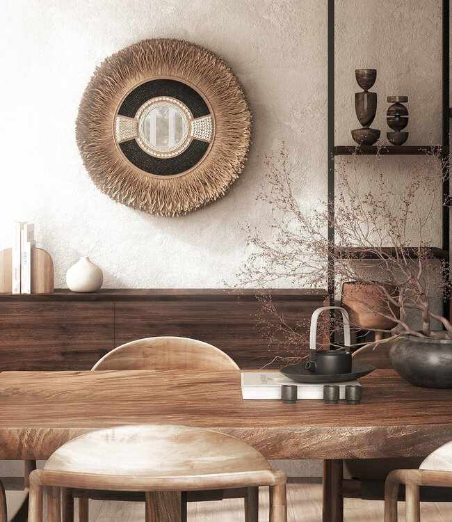 Mojo Boutique Unieke grote ronde spiegel met gras, schelpen en zwarte kralen