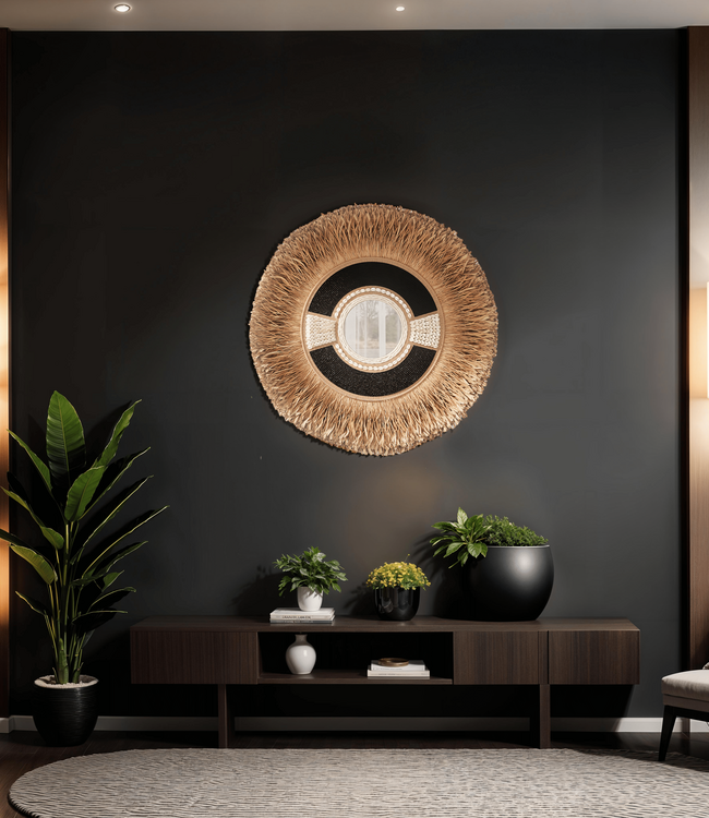 Mojo Boutique Unieke grote ronde spiegel met gras, schelpen en zwarte kralen