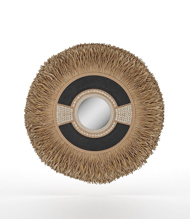 Mojo Boutique Unieke grote ronde spiegel met gras, schelpen en zwarte kralen