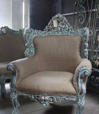 Rene Houtman Fauteuil Ralph Lauren stijl stof met houtsnijwerk