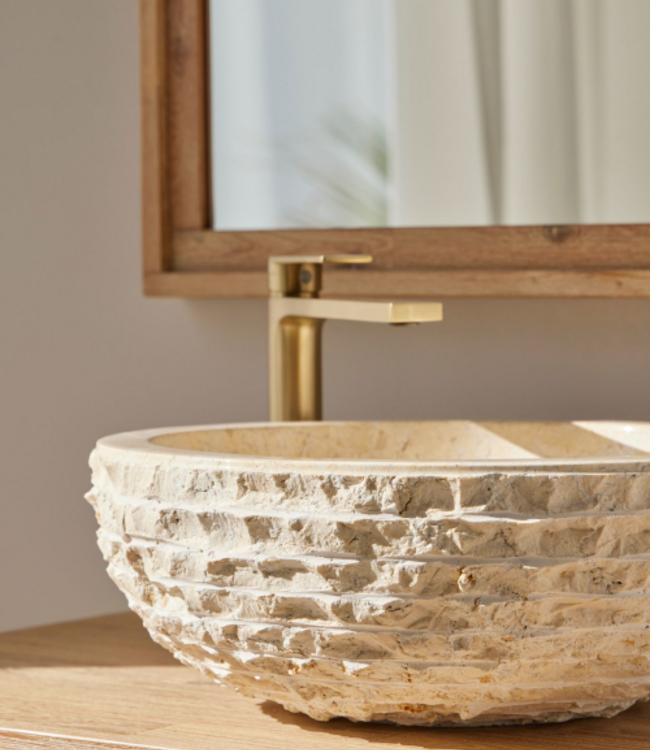 Rene Houtman Waskom Marmer Crème Rond 40x40x15 Cm Lijnen/Gekapt