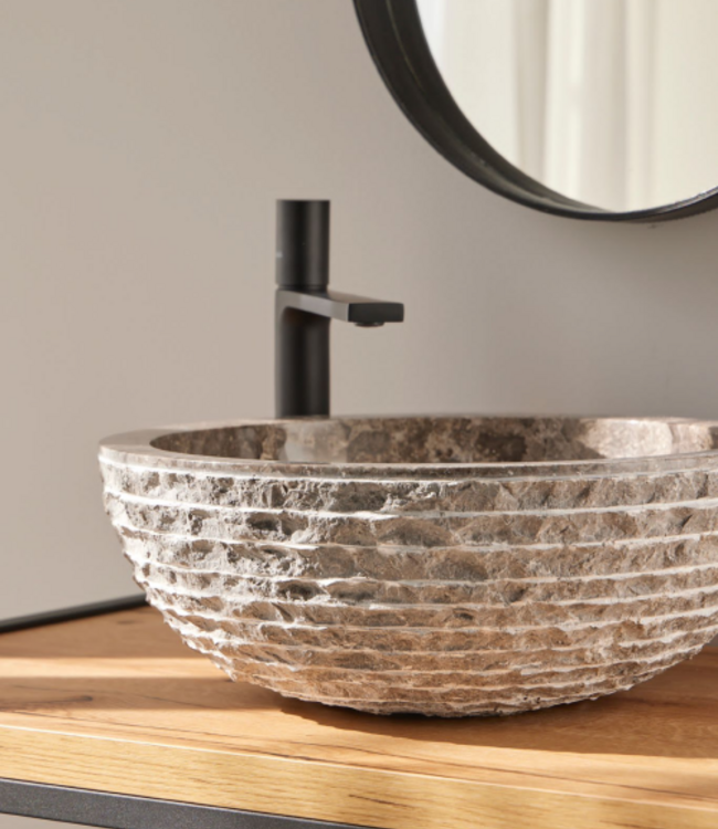 Rene Houtman Waskom Marmer Grijs Rond 40x40x15 Cm Lijnen/Gekapt