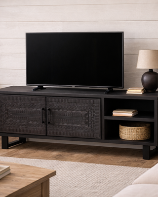 Rene Houtman Tv-Meubel Dallie Zwart- 160x40x65 Cm - Houtsnijwerk