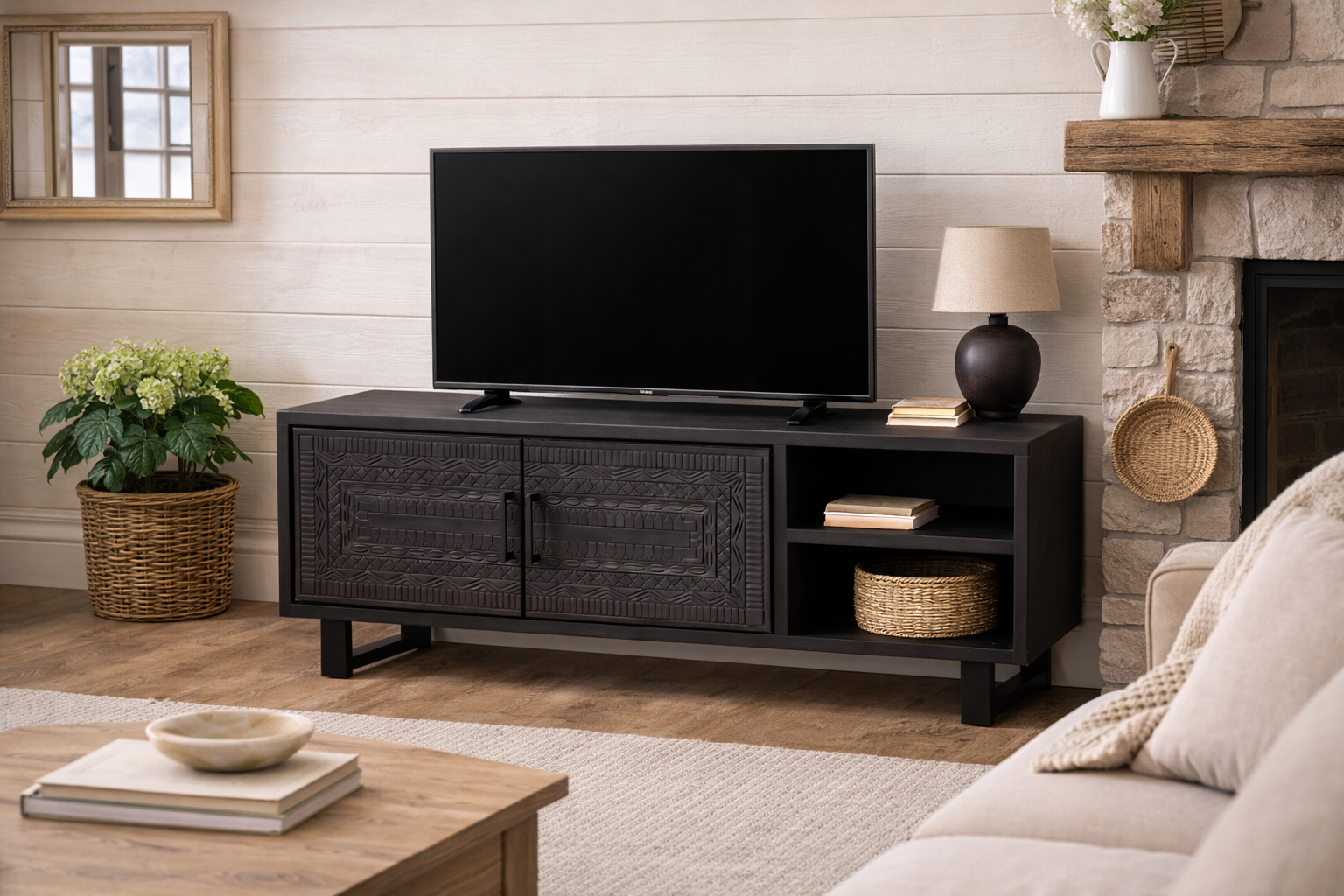 Rene Houtman Tv-Meubel Dallie Zwart- 160x40x65 Cm - Houtsnijwerk