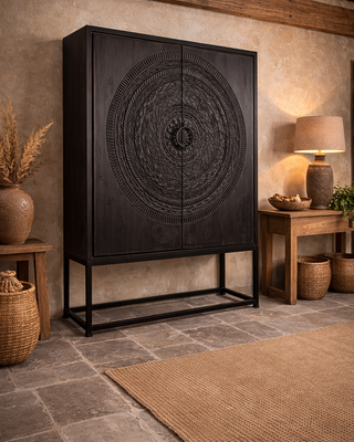 Rene Houtman Kast 2-Deurs Dallie Zwart Rond Houtsnijwerk - B140xD50xH180 Cm