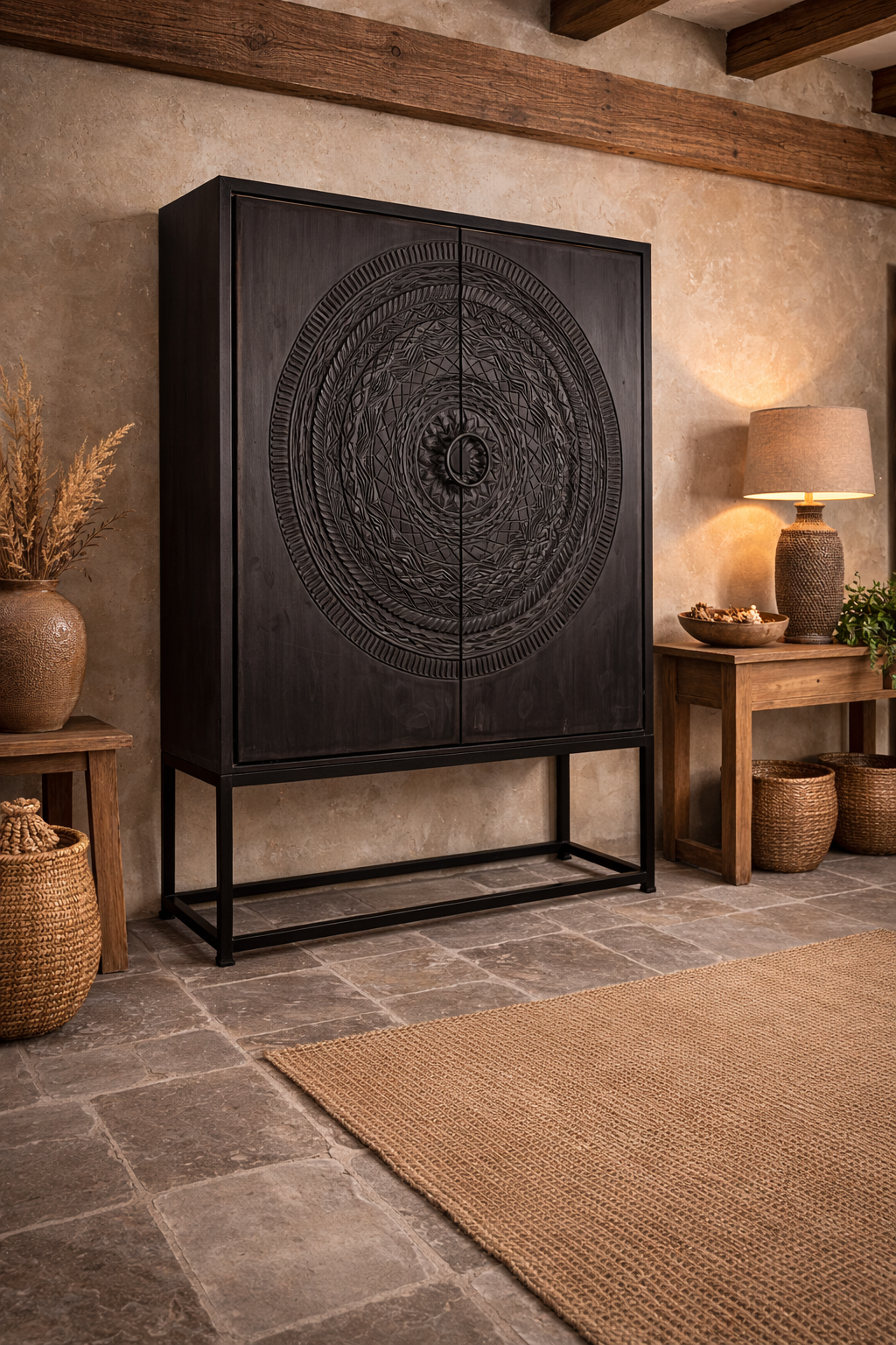 Rene Houtman Kast 2-Deurs Dallie Zwart Rond Houtsnijwerk - B140xD50xH180 Cm