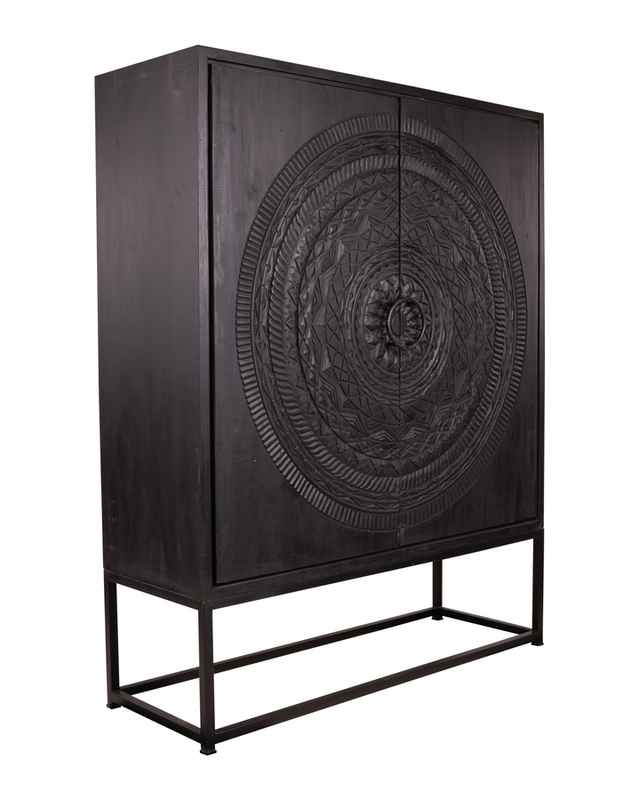 Rene Houtman Kast 2-Deurs Dallie Zwart Rond Houtsnijwerk - B140xD50xH180 Cm