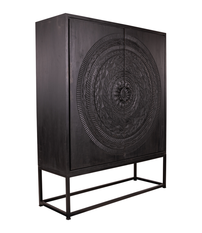 Rene Houtman Kast 2-Deurs Dallie Zwart Rond Houtsnijwerk - B140xD50xH180 Cm