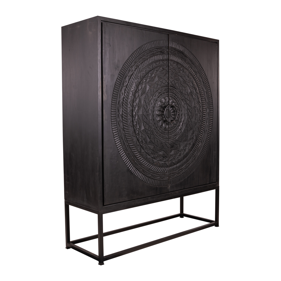Rene Houtman Kast 2-Deurs Dallie Zwart Rond Houtsnijwerk - B140xD50xH180 Cm